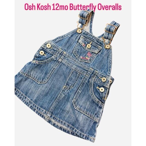 EUC Oshkosh Vintage Denim Dress Size 12 Months Butterflies - Picture 1 of 6